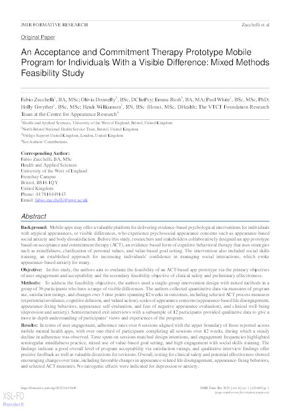 An acceptance and commitment therapy prototype mobile program for individuals with a visible difference: Mixed methods feasibility study Thumbnail