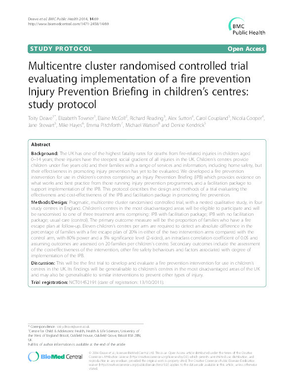 Multicentre cluster randomised controlled trial evaluating implementation of a fire prevention Injury Prevention Briefing in children's centres: Study protocol Thumbnail