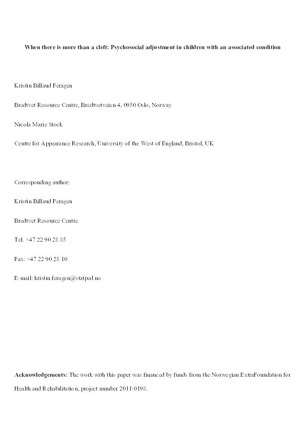 When there is more than a cleft: Psychological adjustment when a cleft is associated with an additional condition Thumbnail