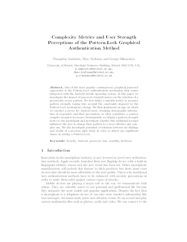 Complexity metrics and user strength perceptions of the pattern-lock graphical authentication method Thumbnail