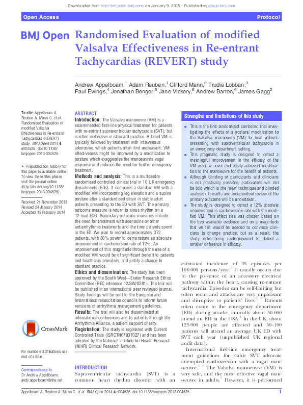 Randomised evaluation of modified valsalva effectiveness in re-entrant tachycardias (REVERT) study Thumbnail