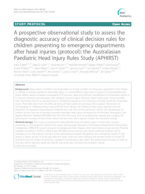 A prospective observational study to assess the diagnostic accuracy of clinical decision rules for children presenting to emergency departments after head injuries (protocol): The Australasian Paediatric Head Injury Rules Study (APHIRST) Thumbnail