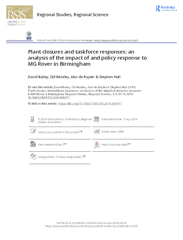 Plant closures and taskforce responses: An analysis of the impact of and policy response to MG Rover in Birmingham Thumbnail