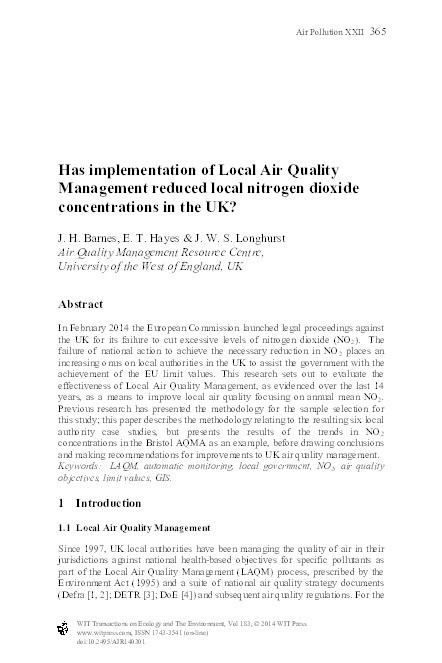 Has implementation of local air quality management reduced local nitrogen dioxide concentrations in the UK? Thumbnail