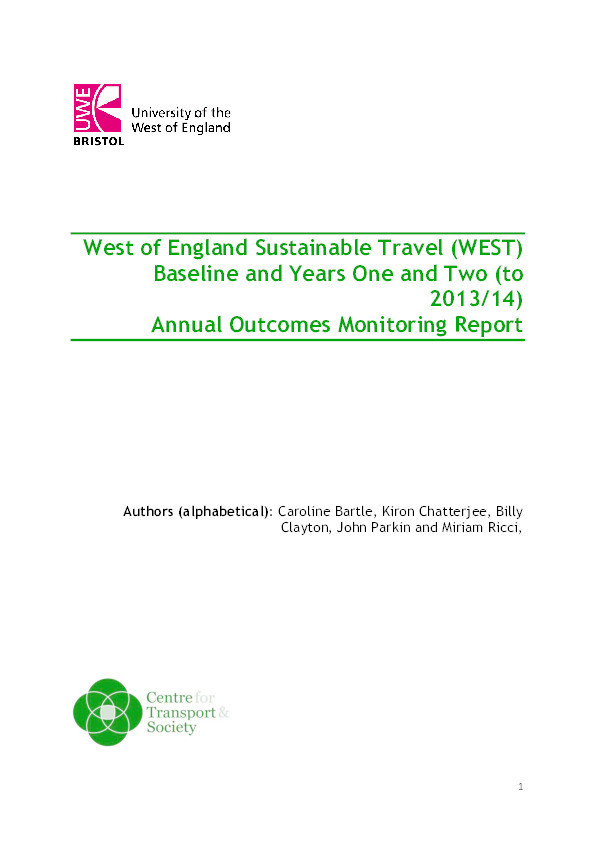 West of England Sustainable Travel (WEST)
baseline and years one and two (to 2013/14)
annual outcomes monitoring report Thumbnail