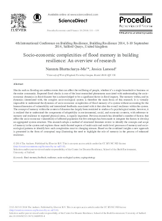 Socio-economic complexities of flood memory in building resilience: An overview of research Thumbnail