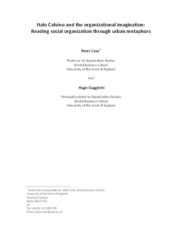 Italo Calvino and the organizational imagination: Reading social organization through urban metaphors Thumbnail