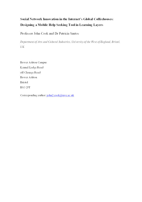 Social network innovation in the Internet’s global coffee houses: designing a mobile Help Seeking tool in Learning Layers Thumbnail