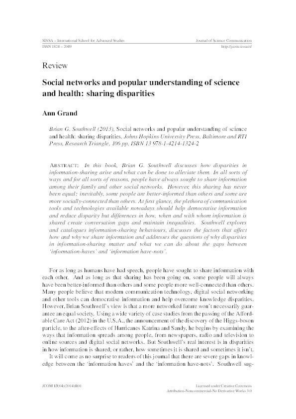 Review: 'Social networks and popular understanding of science and health: sharing disparities' by Brian G Southwell Thumbnail
