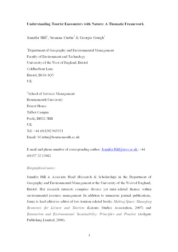 Understanding tourist encounters with nature: a thematic framework Thumbnail