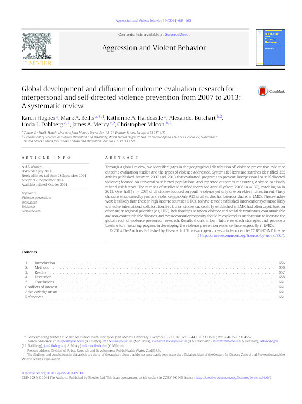 Global development and diffusion of outcome evaluation research for interpersonal and self-directed violence prevention from 2007 to 2013: A systematic review Thumbnail