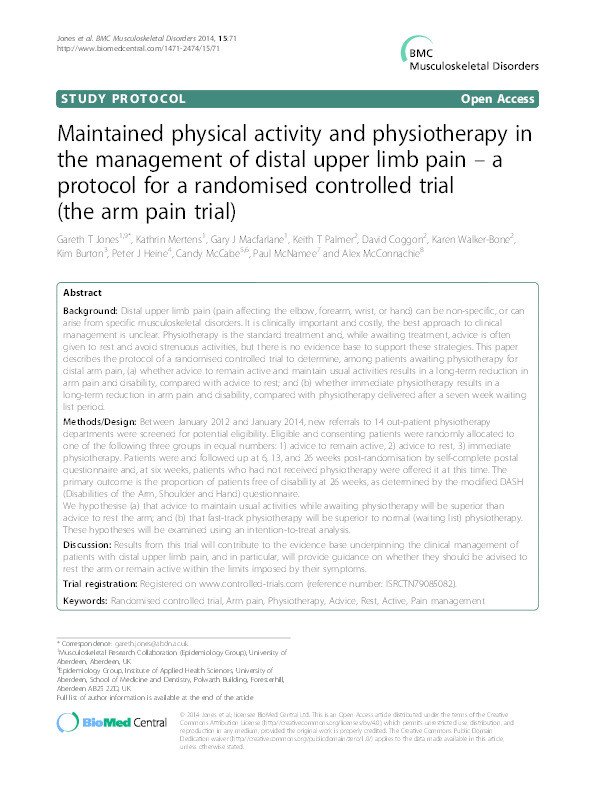 Maintained physical activity and physiotherapy in the management of distal upper limb pain - A protocol for a randomised controlled trial (the arm pain trial) Thumbnail