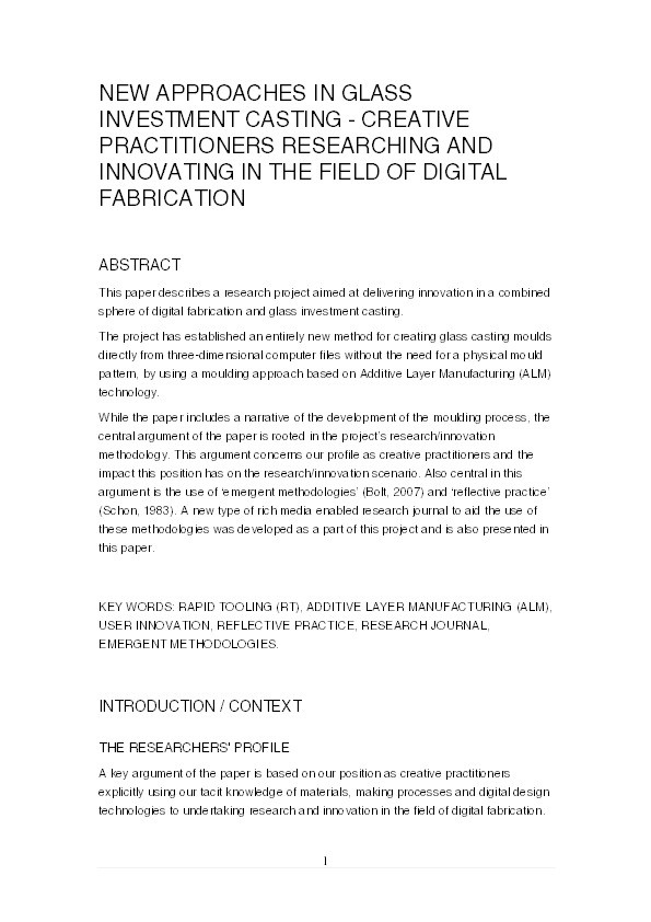 New approaches in glass investment casting: Creative practitioners researching and innovating in the field of digital fabrication Thumbnail