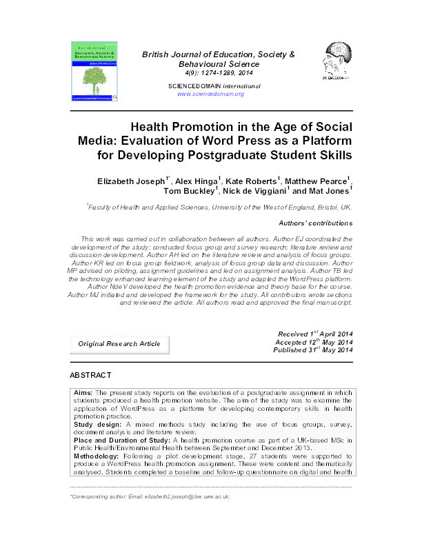 Health promotion in the age of social media: Evaluation of Word Press as a platform for developing postgraduate student skills Thumbnail