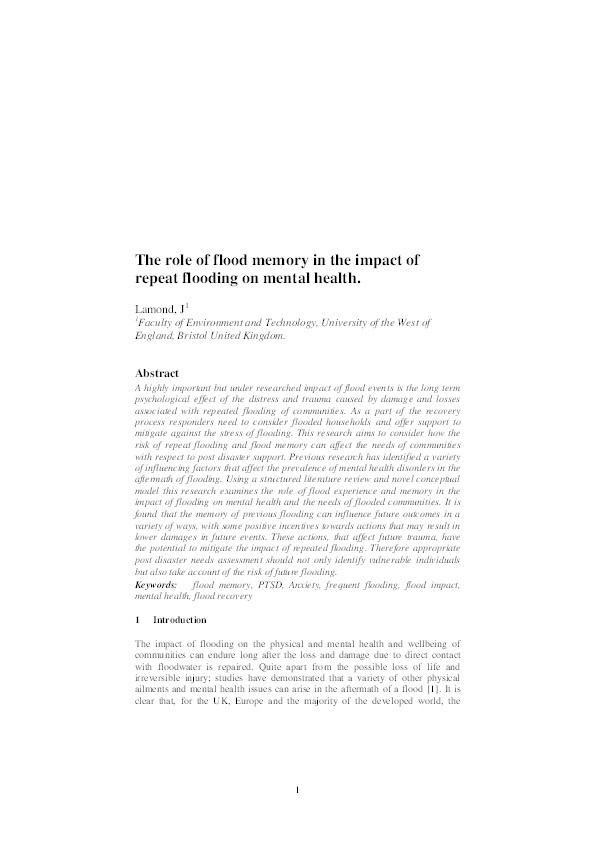 The role of flood memory in the impact of repeat flooding on mental health Thumbnail