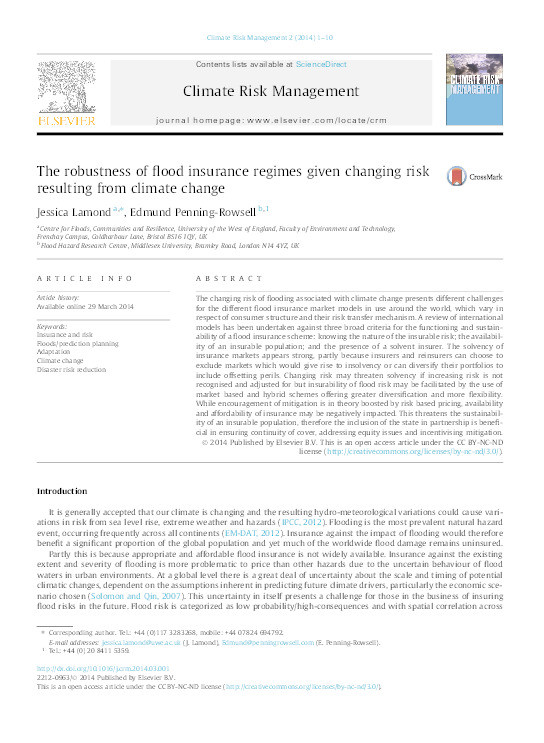 The robustness of flood insurance regimes given changing risk resulting from climate change Thumbnail