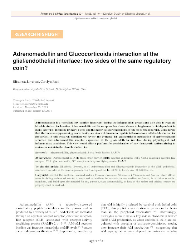 Adrenomedullin and Glucocorticoids interaction at the glial/endothelial interface: two sides of the same regulatory coin? Thumbnail