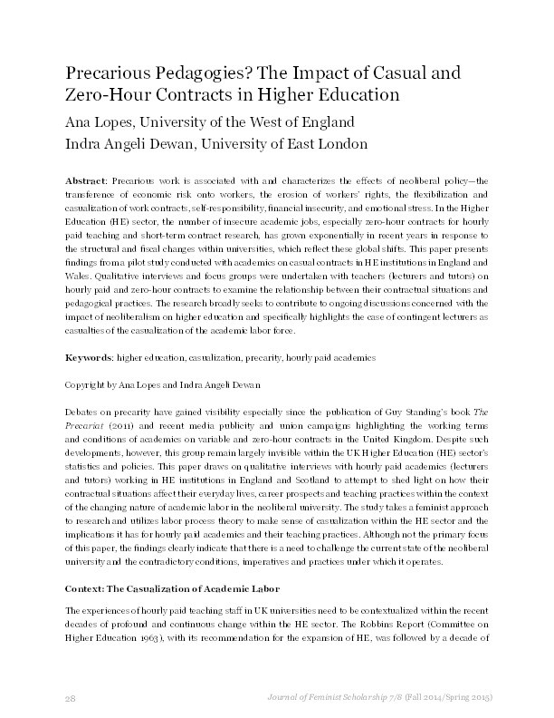 Precarious pedagogies? The impact of casual and zero-hour contracts in Higher Education Thumbnail