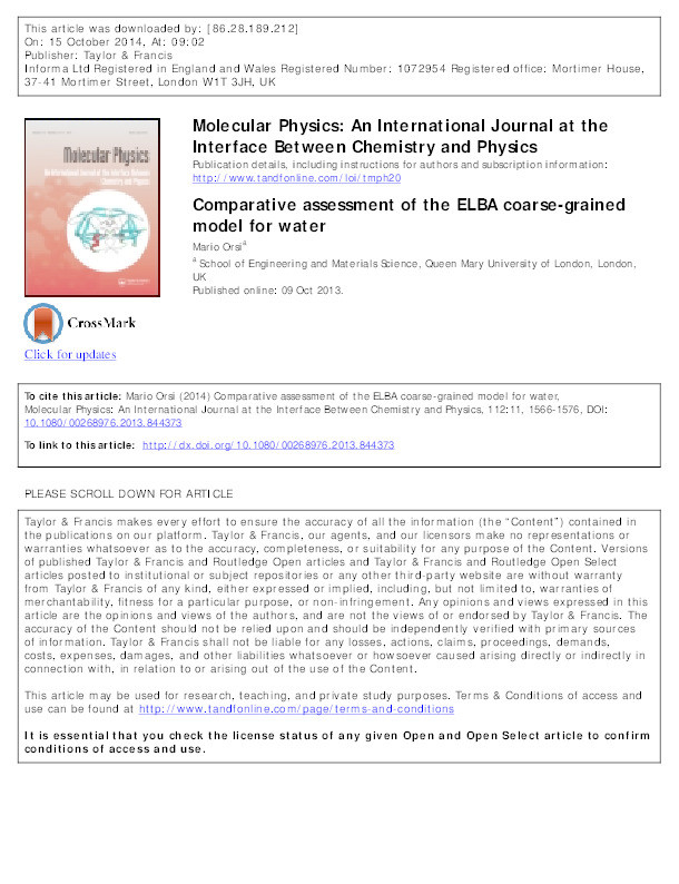 Comparative assessment of the ELBA coarse-grained model for water Thumbnail