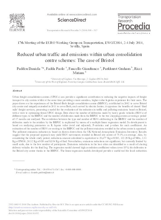 Reduced Urban traffic and emissions within Urban consolidation centre schemes: The case of Bristol Thumbnail