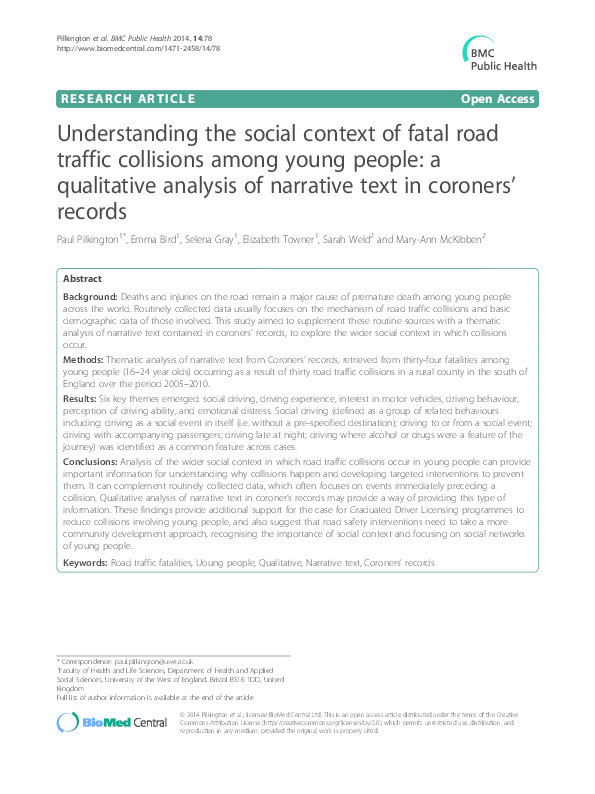 Understanding the social context of fatal road traffic collisions among young people: A qualitative analysis of narrative text in coroners' records Thumbnail