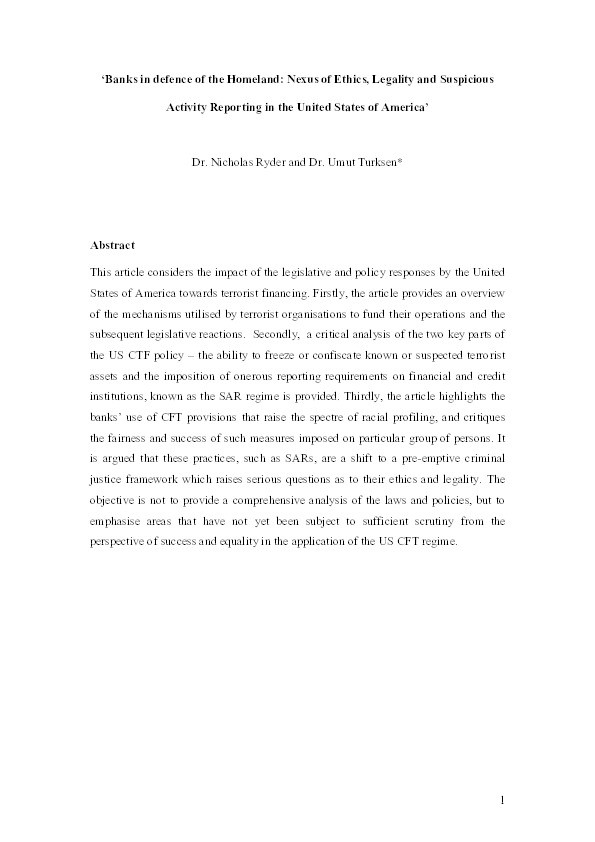 Banks in defence of the homeland: Nexus of ethics and suspicious activity reporting Thumbnail