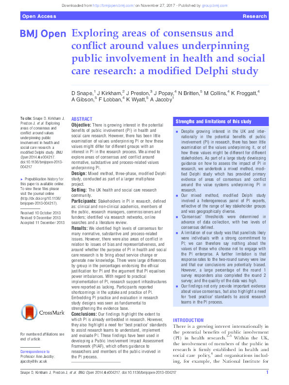 Exploring areas of consensus and conflict around values underpinning public involvement in health and social care research: A modified Delphi study Thumbnail