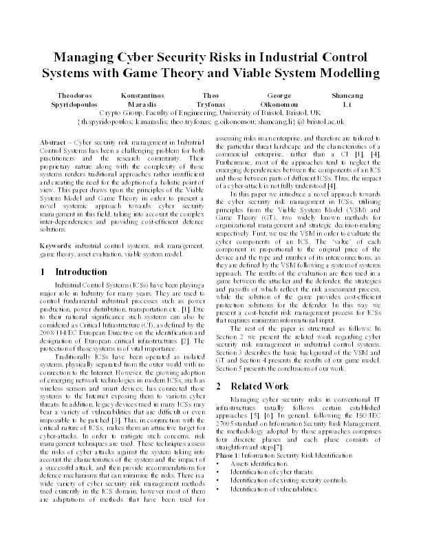 Managing cyber security risks in industrial control systems with game theory and viable system modelling Thumbnail