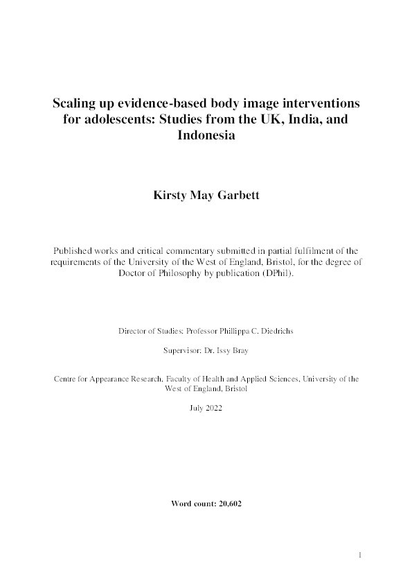 Scaling up evidence-based body-image interventions for adolescents: Studies from the UK, India, and Indonesia Thumbnail