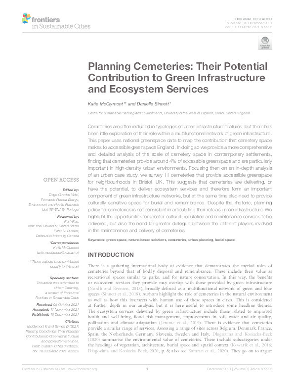 Planning cemeteries: Their potential contribution to green infrastructure and ecosystem services Thumbnail
