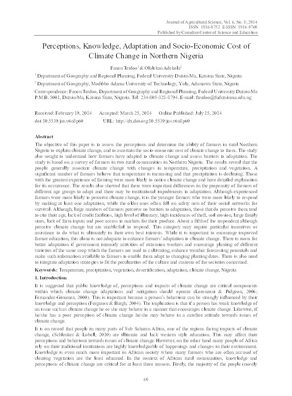 Perceptions, knowledge, adaptation and socio-economic cost of climate change in Northern Nigeria Thumbnail