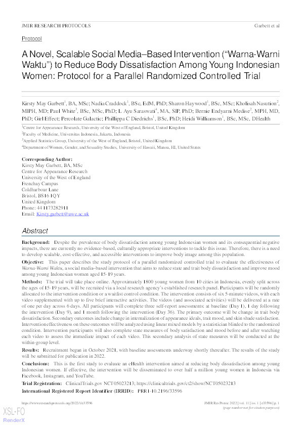 A novel, scalable social media-based intervention Warna-Warni Waktu to reduce body dissatisfaction among young Indonesian women: Protocol for a parallel randomized controlled trial Thumbnail
