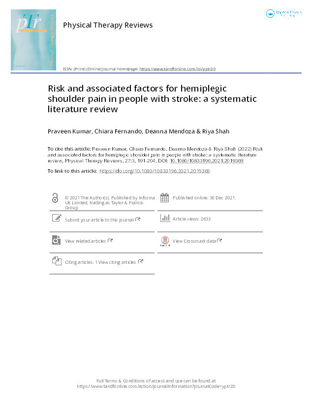 Risk and associated factors for hemiplegic shoulder pain in people with stroke: A systematic literature review Thumbnail