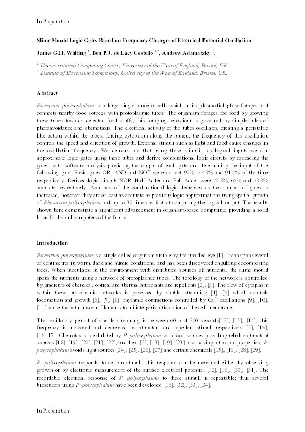 Slime mould logic gates based on frequency changes of electrical potential oscillation Thumbnail