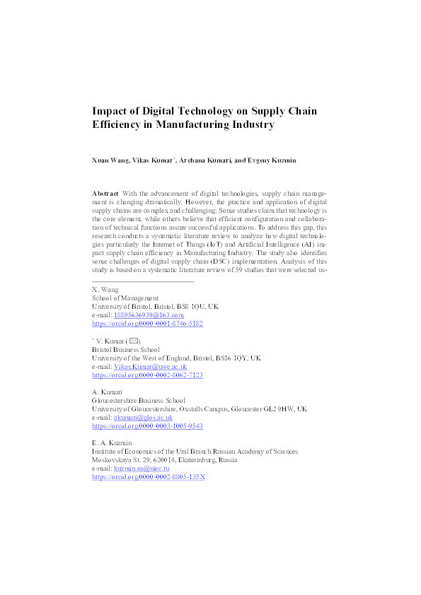 Impact of digital technology on supply chain efficiency in manufacturing industry Thumbnail