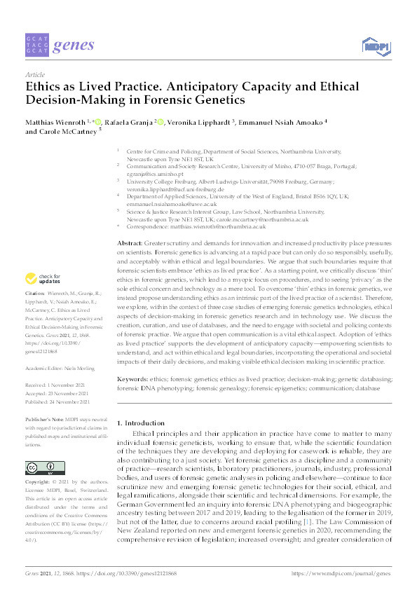 Ethics as lived practice. Anticipatory capacity and ethical decision-making in forensic genetics Thumbnail