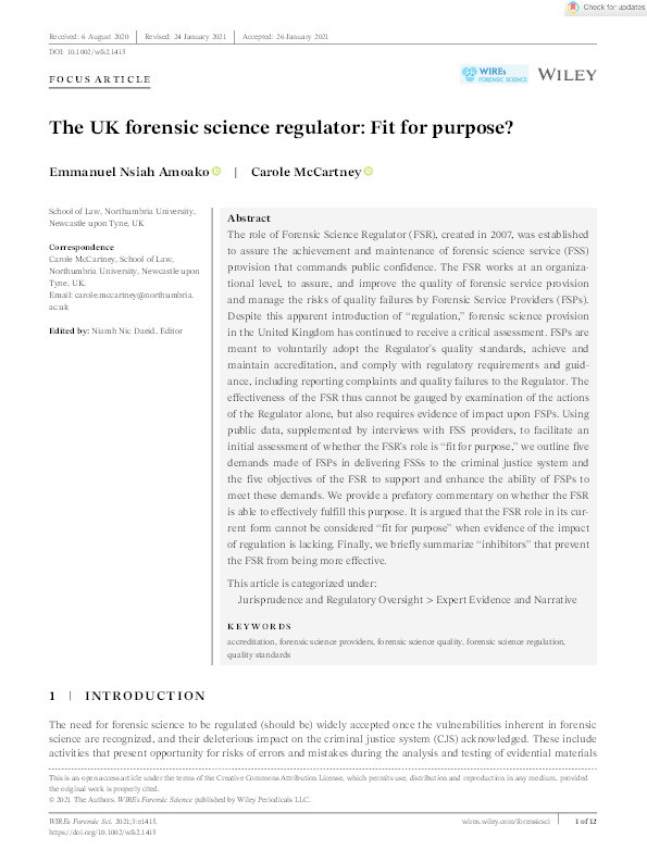 The UK forensic science regulator: Fit for purpose? Thumbnail