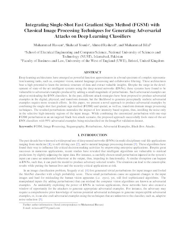 Integrating single-shot fast gradient sign method (FGSM) with classical image processing techniques for generating adversarial attacks on deep learning classifiers Thumbnail