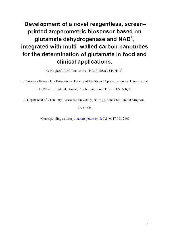 Development of a novel reagentless, screen-printed amperometric biosensor based on glutamate dehydrogenase and NAD+, integrated with multi-walled carbon nanotubes for the determination of glutamate in food and clinical applications Thumbnail