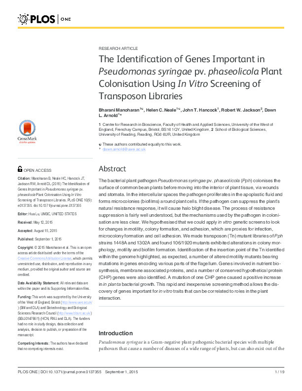 The identification of genes important in pseudomonas syringae pv. phaseolicola plant colonisation using in vitro screening of transposon libraries Thumbnail