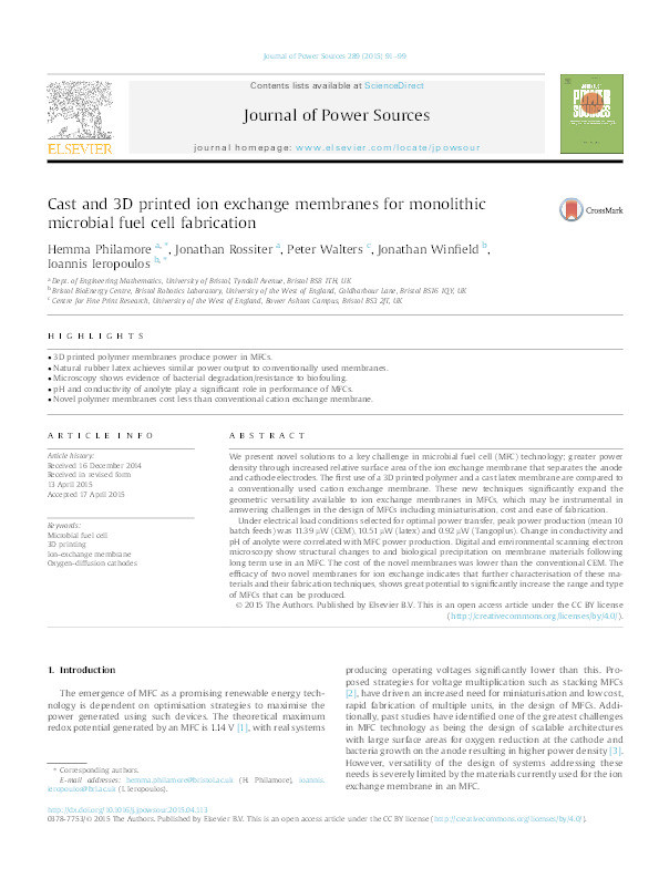 Cast and 3D printed ion exchange membranes for monolithic microbial fuel cell fabrication Thumbnail