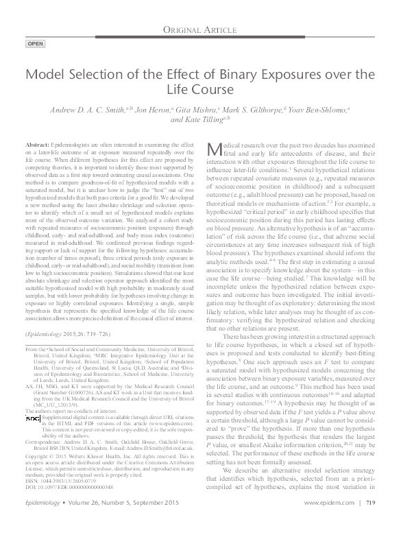 Model selection of the effect of binary exposures over the life course (Epidemiology (2015) 26 (719-726)) Thumbnail