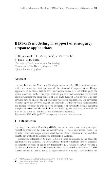 BIM-GIS modelling in support of emergency response applications Thumbnail