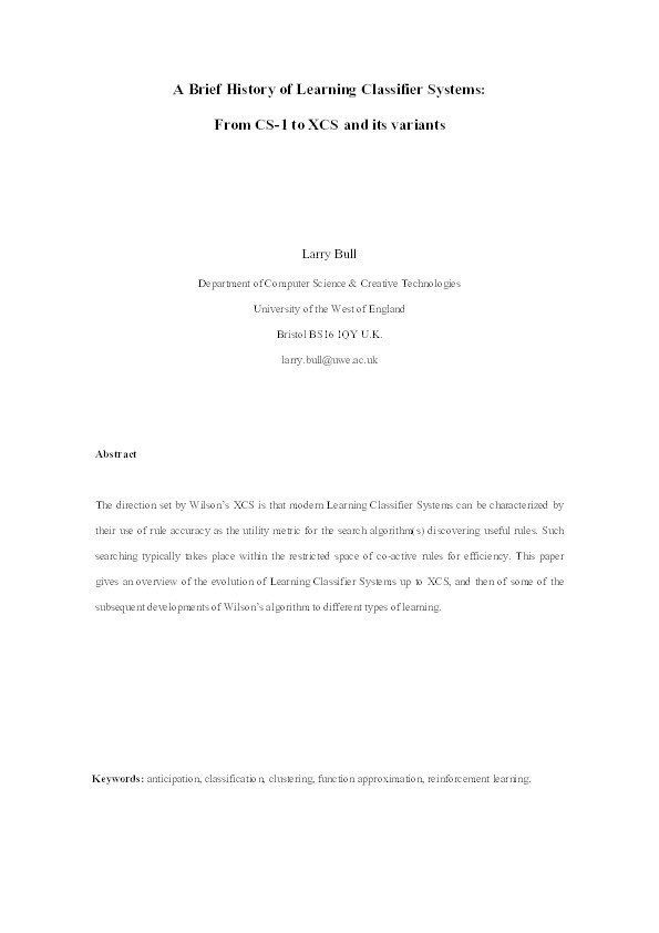 A brief history of learning classifier systems: from CS-1 to XCS and its variants Thumbnail