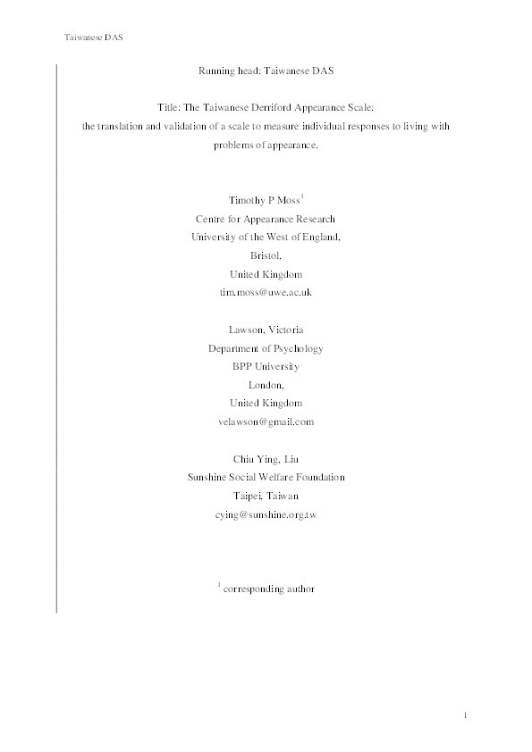 The Taiwanese Derriford Appearance Scale: The translation and validation of a scale to measure individual responses to living with problems of appearance Thumbnail