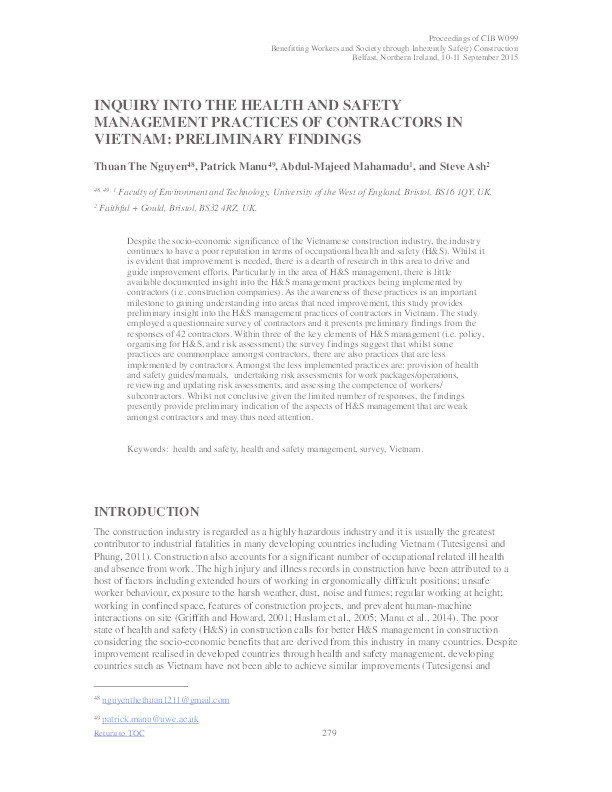Inquiry into the health and safety management practices of contractors in Vietnam: Preliminary findings Thumbnail