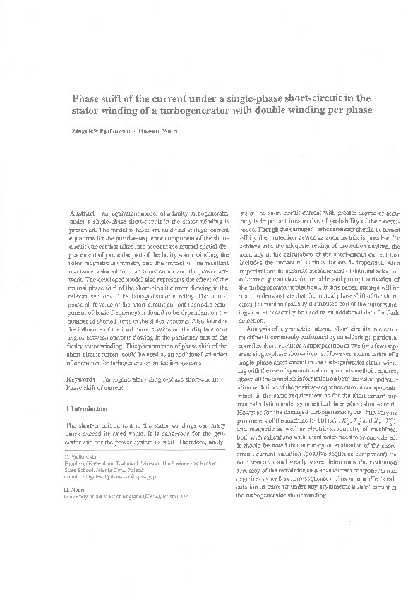 Phase shift of the current under a single-phase short-circuit in the stator winding of a turbogenerator with double winding per phase Thumbnail