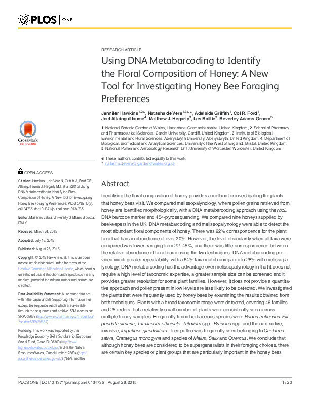 Using DNA metabarcoding to identify the floral composition of honey: A new tool for investigating honey bee foraging preferences Thumbnail