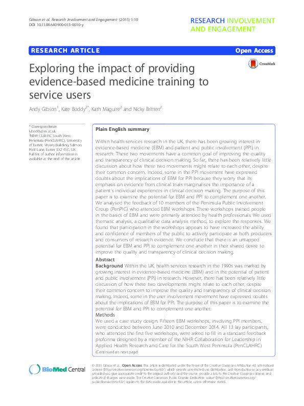 Exploring the impact of providing evidence-based medicine training to service users Thumbnail