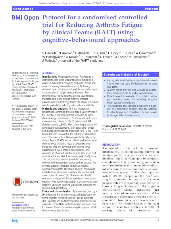 Protocol for a randomised controlled trial for Reducing Arthritis Fatigue by clinical Teams (RAFT) using cognitive-behavioural approaches Thumbnail